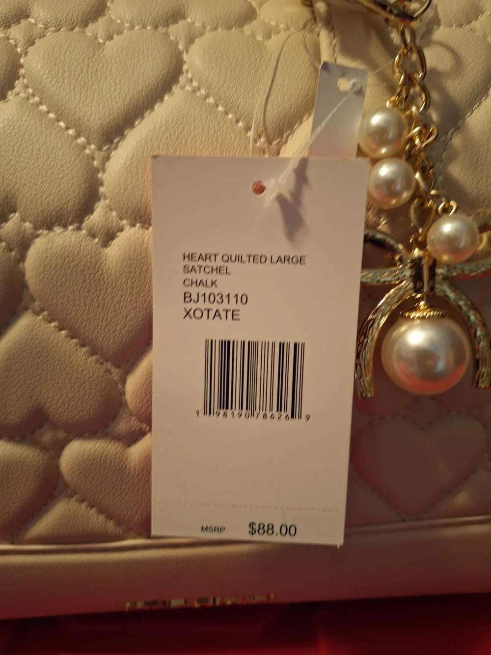 Betsey Johnson Cream Quilted Heart Satchel with Charm